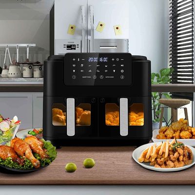 เครื่องปรุงอากาศแบบไม่มีน้ํามัน 2 โซน 9L ขนาดใหญ่สําหรับครอบครัว 2 กล่อง 10 Preset 2400W ต่ําไขมัน