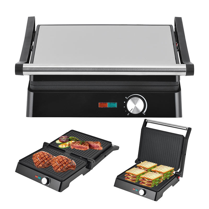 2200W อิเล็กทรริกเกิล Panini Maker ปรับอุณหภูมิ Sandwich Press Toaster เปิด 180 องศา สแตนเลส Grill ติดต่อ